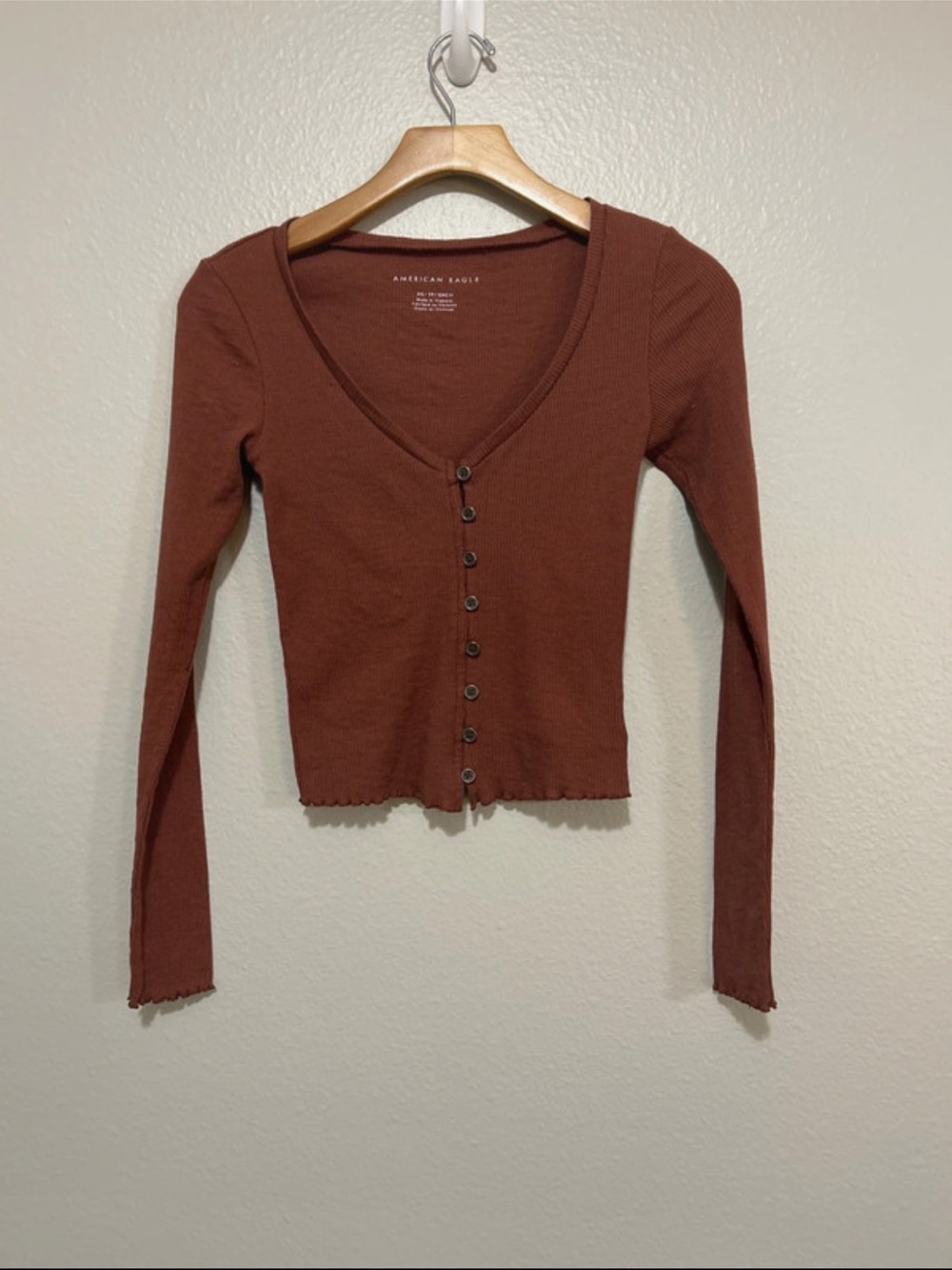 American Eagle Outfitters Brick Rust Button-Front Ribbed Long Sleeve Top